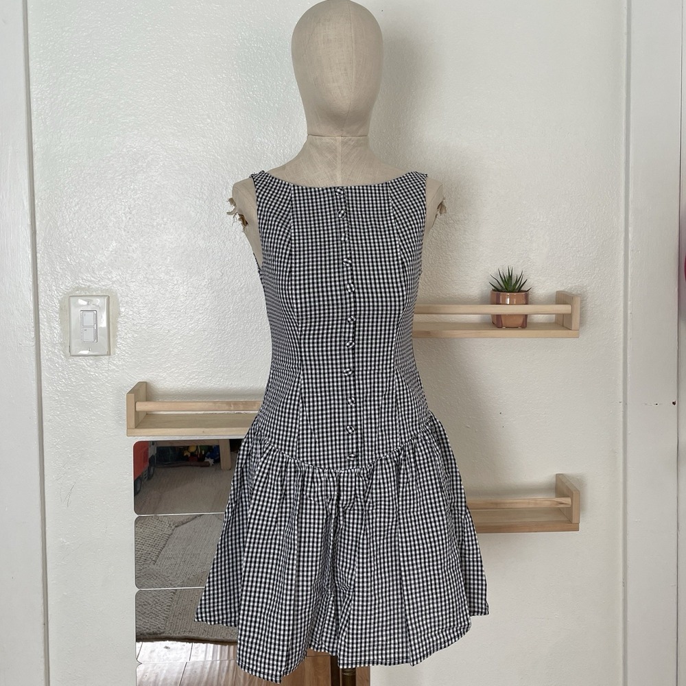 Gingham Dress Women's XS Black White Button Front Low Back
